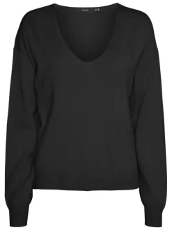 Pull noir uni avec une coupe droite à col v et des manches longues