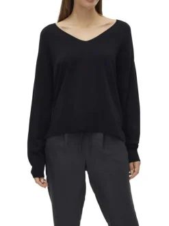 Pull noir uni avec une coupe droite à col v et des manches longues