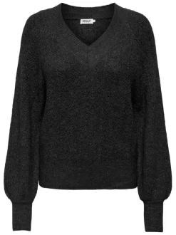 Pull noir uni avec une coupe droite à col v et des manches longues