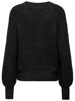 Pull noir uni avec une coupe droite à col v et des manches longues
