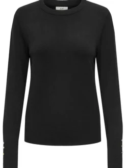 Pull noir uni à col rond avec des strass à l'extrémité des manches
