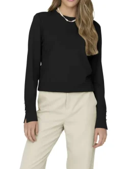 Pull noir uni à col rond avec des strass à l'extrémité des manches