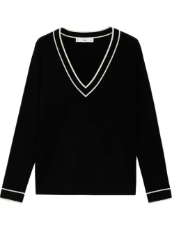Pull noir uni à col v et à coupe droite avec des liserés blancs