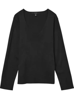 Pull noir uni à coupe droite, col v et à manches longues basique