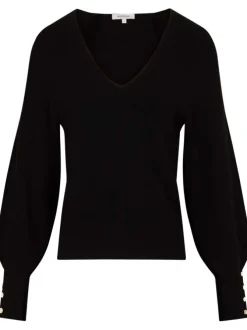 Pull noir uni, coupe droite à col v et à manches longues bouffantes