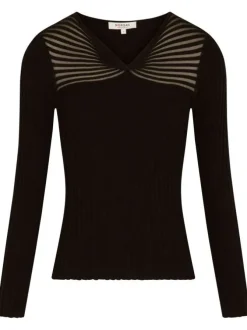 Pull noir uni côtelé à coupe droite, col v et à manches longues avec stries