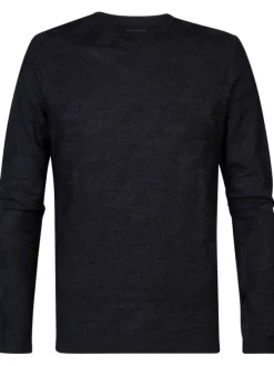 Pull noir uni droit à col rond et à manches longues avec monogramme embossé