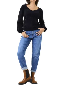 Pull noir uni en fausse fourrure avec col v et manches longues bishop
