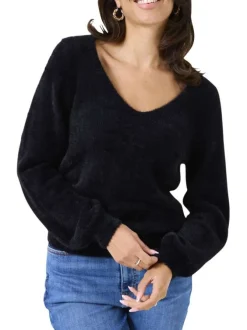 Pull noir uni en fausse fourrure avec col v et manches longues bishop
