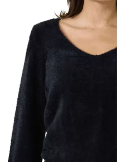 Pull noir uni en fausse fourrure avec col v et manches longues bishop
