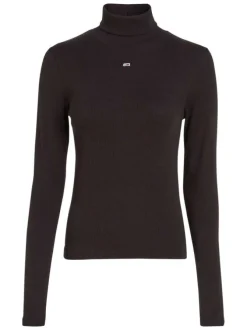 Pull noir uni en maille jersey avec un col roulé et à manches longues