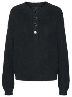 Pull noir uni en maille tricotée à coupe droite et à col boutonné