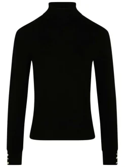 Pull noir uni pourvu d'un col roulé finement côtelé et de manches longues