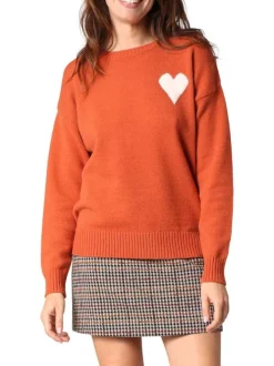 Pull orange avec un motif contrasté pourvu d'un col v et de manches longues
