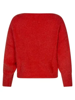 Pull orange uni à coupe droite avec un col bateau et des manches longues