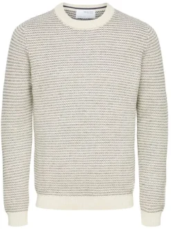 Pull rayé écru en coton biologique coupe droite col rond