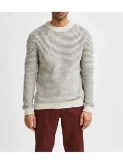 Pull rayé écru en coton biologique coupe droite col rond