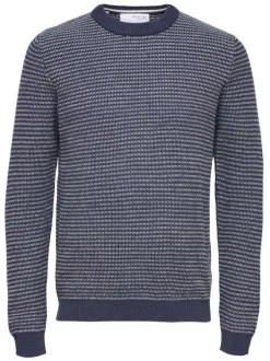 Pull rayé gris et marine en coton biologique coupe droite col rond