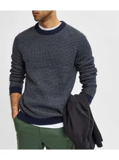 Pull rayé gris et marine en coton biologique coupe droite col rond