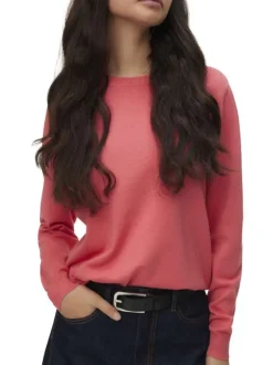 Pull rose à coupe ajustée pourvu d'un col rond et de manches longues