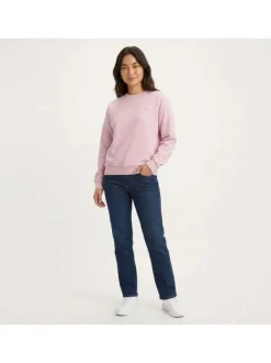 Pull rose à coupe droite pourvu d'un col rond et de manches longues