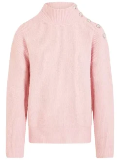 Pull rose côtelé pourvu d'un col montant et de manches longues
