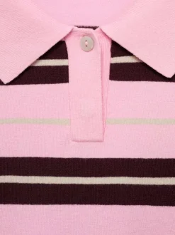 Pull rose rayé en maille fine avec une coupe ample et un col polo boutonné