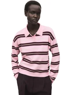 Pull rose rayé en maille fine avec une coupe ample et un col polo boutonné