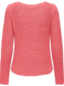 Pull rose uni avec une coupe droite et un col rond en maille tricotée
