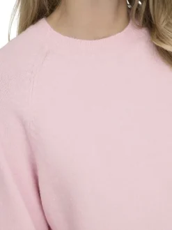 Pull rose uni à coupe droite avec un col rond et des manches 3/4