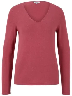Pull rose uni coupe droite avec un col V et des manches longues