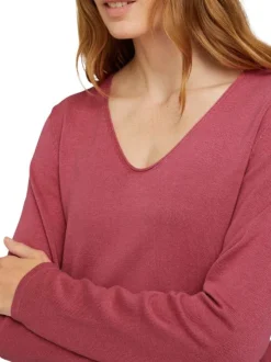 Pull rose uni coupe droite avec un col V et des manches longues