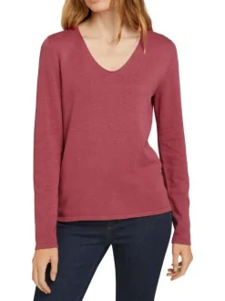 Pull rose uni coupe droite avec un col V et des manches longues