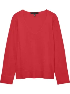Pull rouge à coupe ajustée pourvu d'un col v et de manches longues