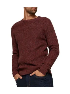 Pull rouge en coton uni coupe slim col rond