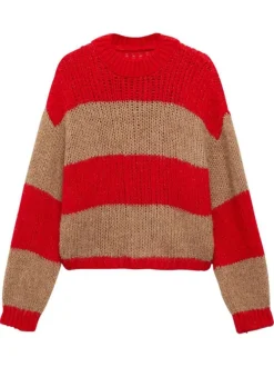 Pull rouge et beige rayé à coupe droite avec col rond et manches longues