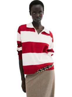 Pull rouge et blanc à rayures avec une coupe droite et un col à revers