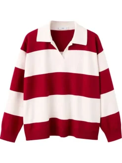 Pull rouge et blanc à rayures avec une coupe droite et un col à revers