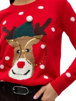 Pull rouge à motif cerf de Noël droit à col rond et manches longues avec pompon
