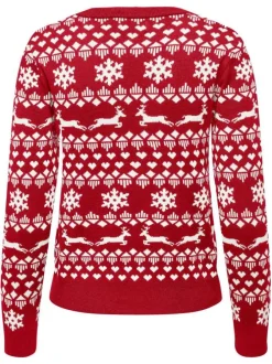 Pull rouge à motif noël à coupe droite col rond et à manches longues