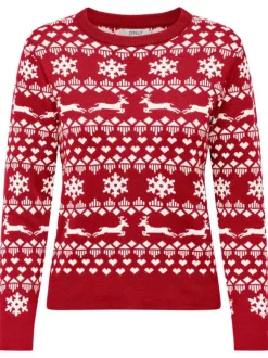 Pull rouge à motif noël à coupe droite col rond et à manches longues