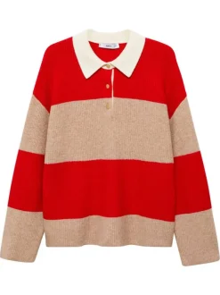 Pull rouge rayé à coupe droite, col polo à boutons et à manches longues