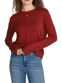 Pull rouge uni droit à col rond et à manches longues avec broderie