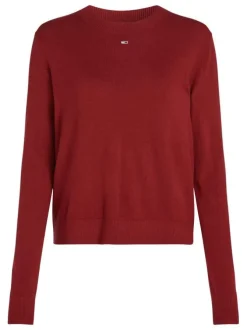Pull rouge uni droit à col rond et à manches longues avec broderie