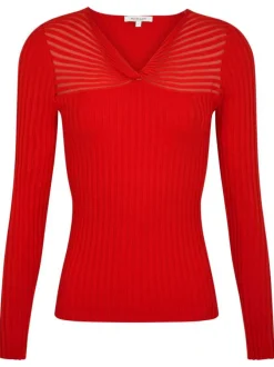 Pull rouge uni droit à col v et à manches longues côtelé et strié