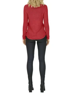 Pull rouge uni en maille avec une coupe ajustée et un col rond