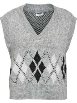 Pull sans manches en maille gris clair à motifs géométriques avec un col v