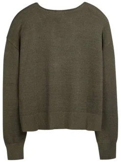 Pull taupe à coupe ajustée pourvu d'un col v et de manches longues