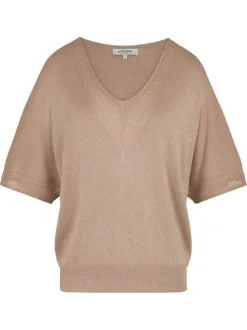 Pull taupe à coupe ample pourvu d'un col v arrondi et de manches courtes