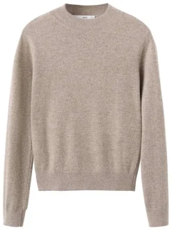 Pull taupe pourvu d'un col rond côtelé et de manches longues
